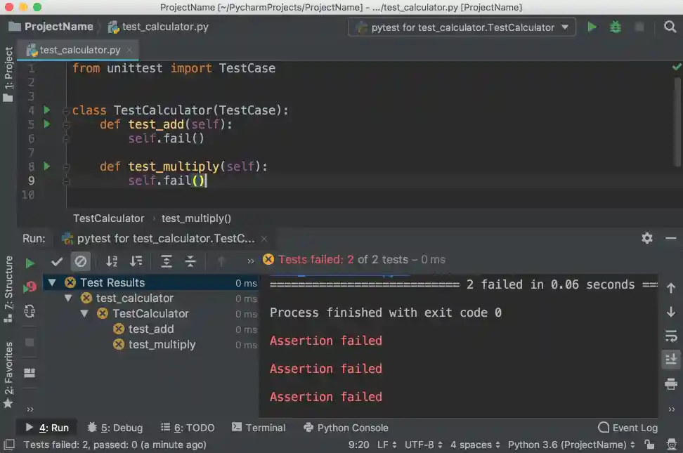 Failed tests in PyCharm
