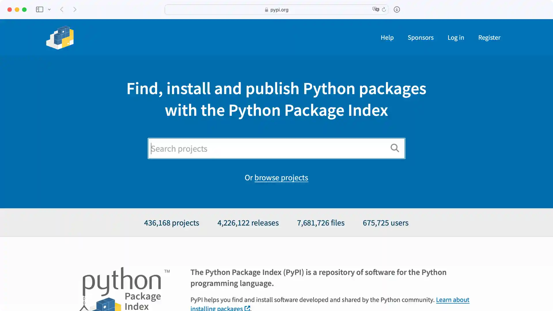 Screenshot of the PyPI website