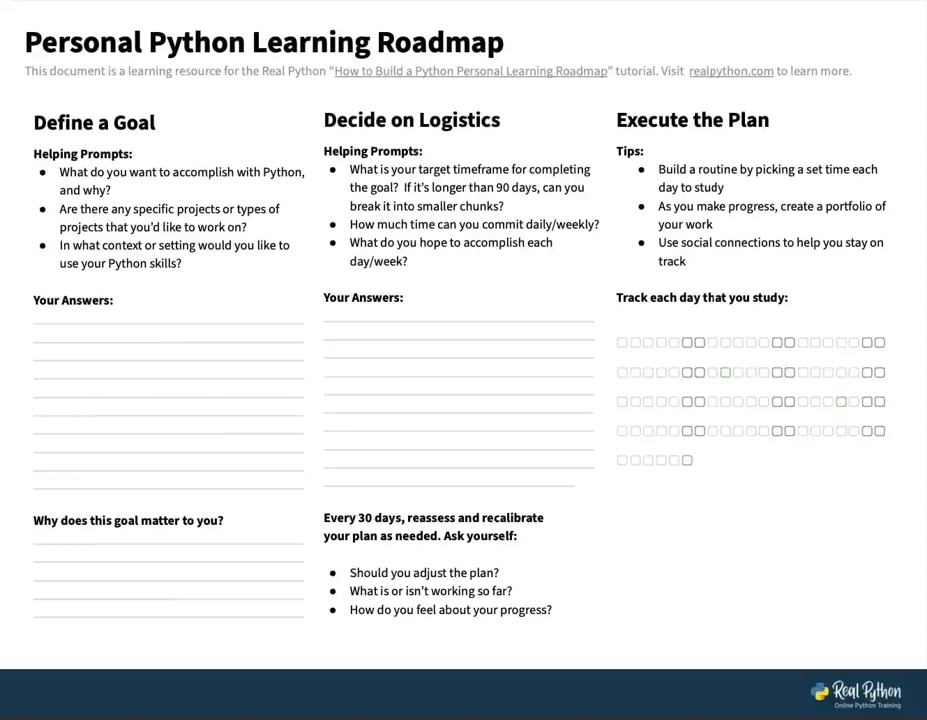 A Python Learning Roadmap Sheet that you can fill and print