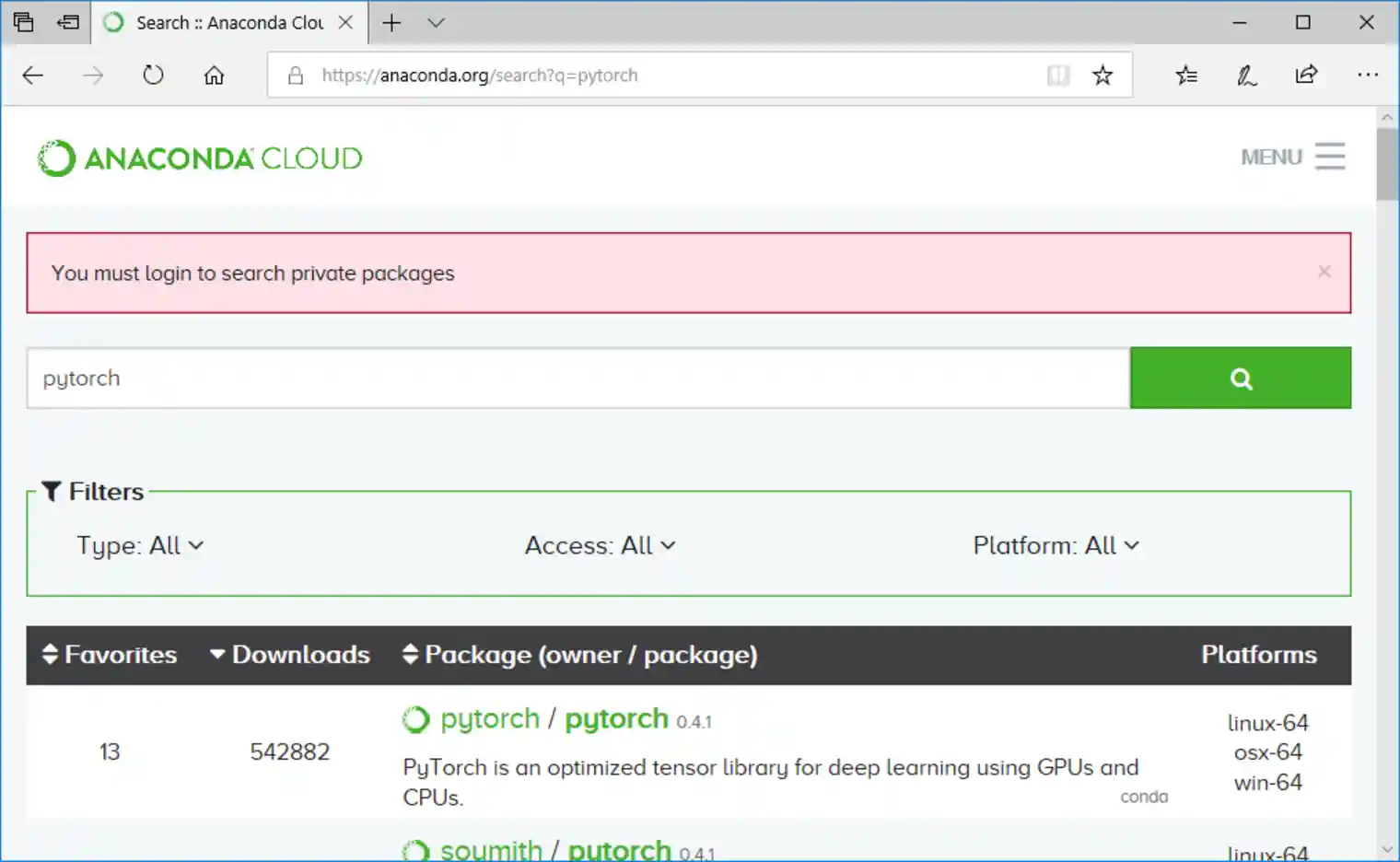 Anaconda Search for pytorch