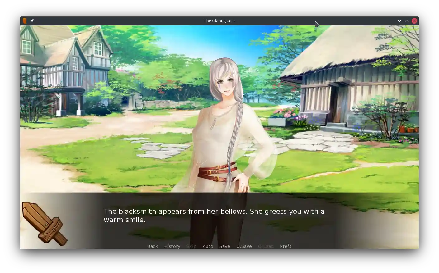 The initial blacksmith encounter in Ren'Py