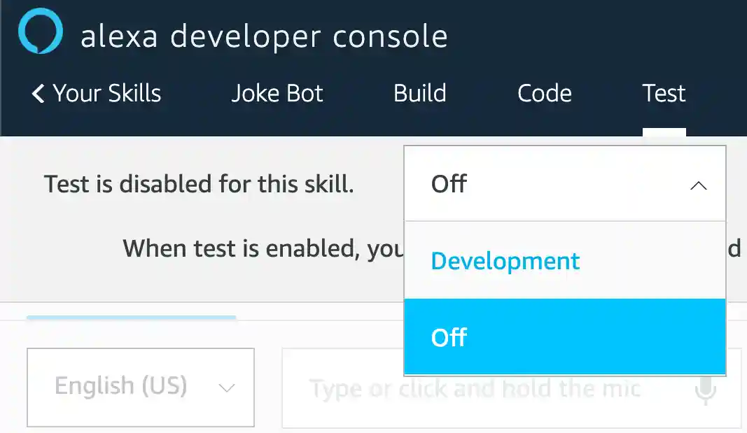 Alexa Developer Console Test Section