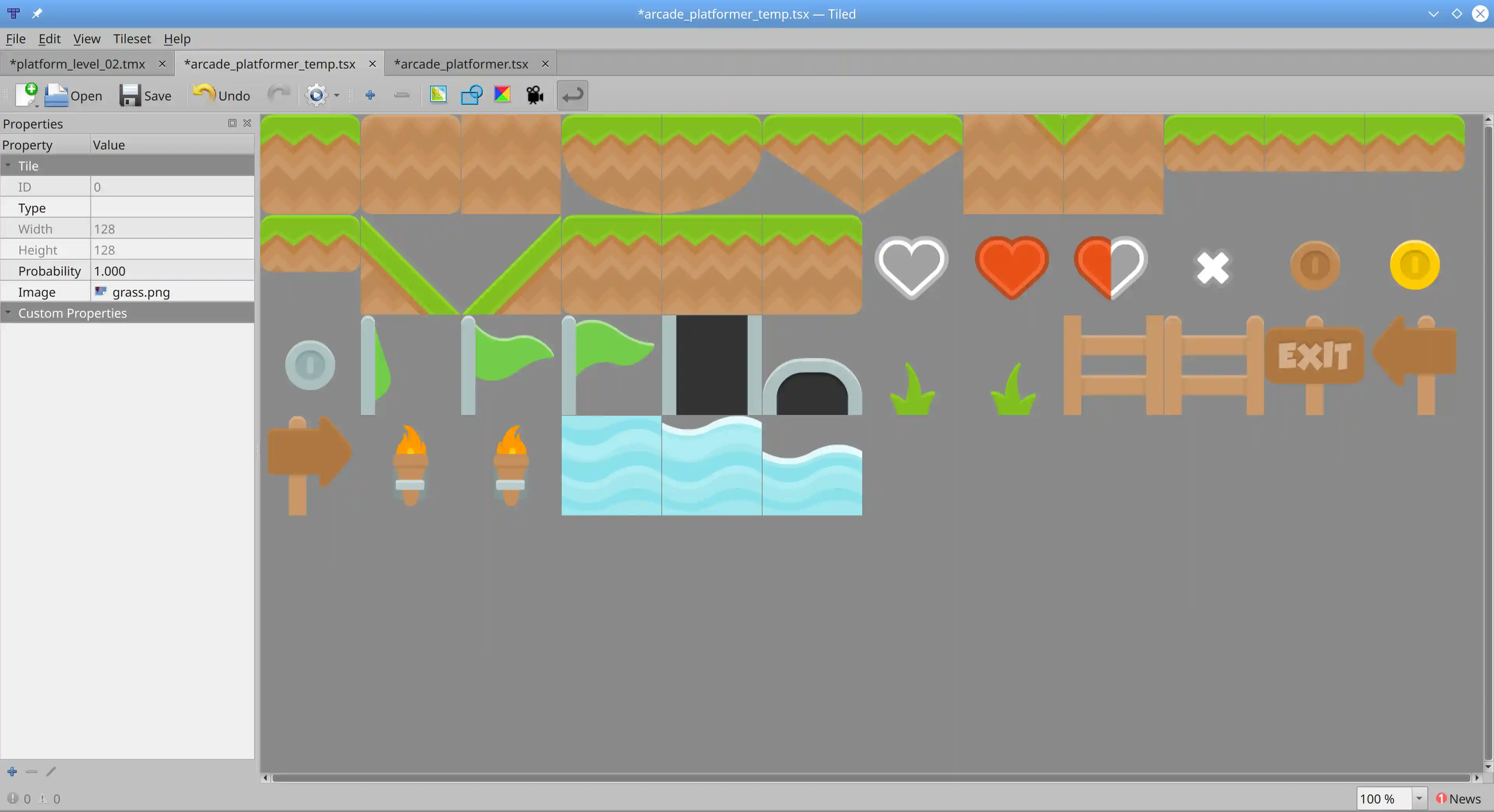 The populated tile set in Tiled