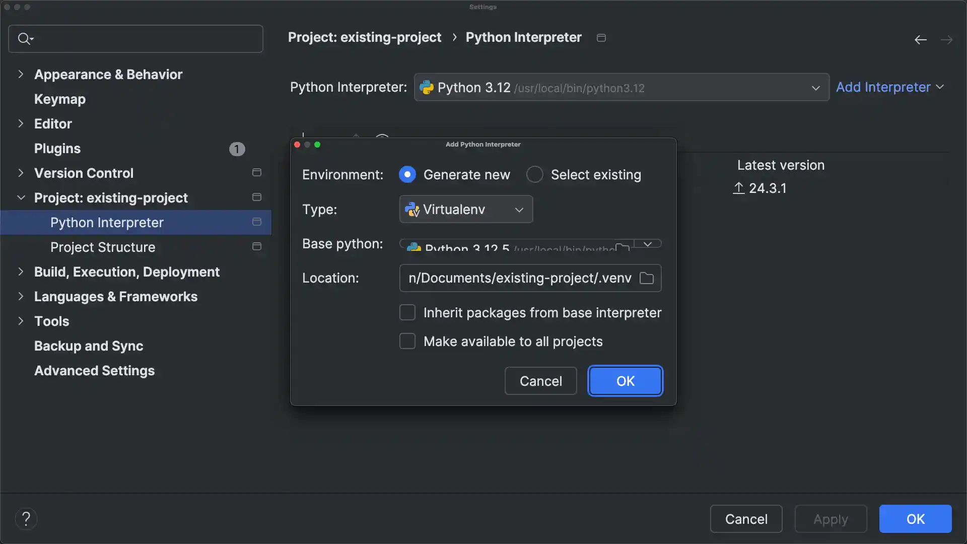 Pop up window in PyCharm giving you the option to create a new Python interpreter