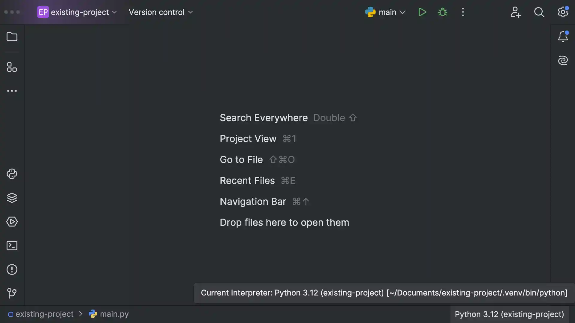 PyCharm main project window showing an activated virtual environment path when hovering over the Python interpreter name in the bottom right corner