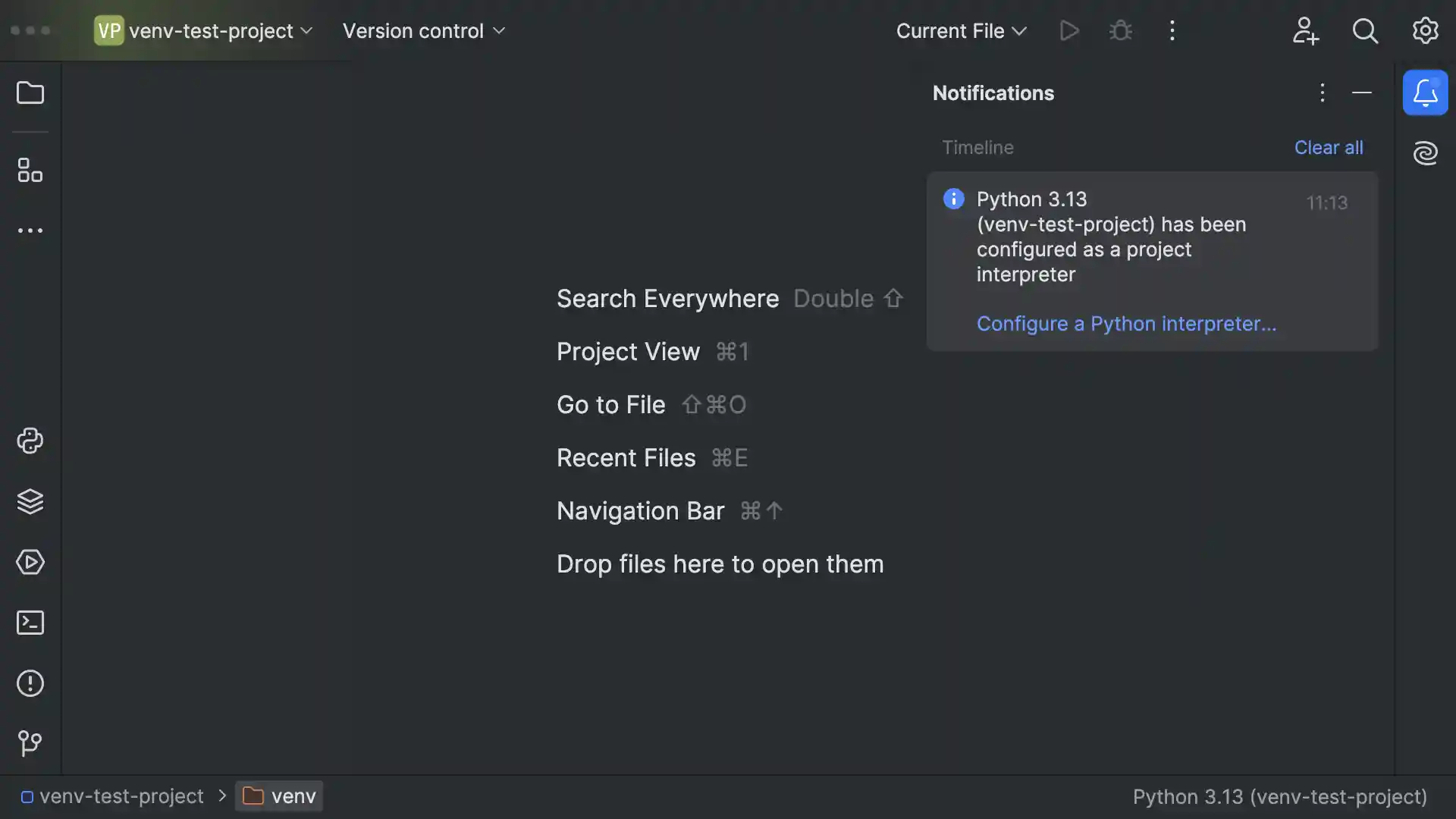 PyCharm interface showing an activated virtual environment after opening a project that already has a virtual environment
