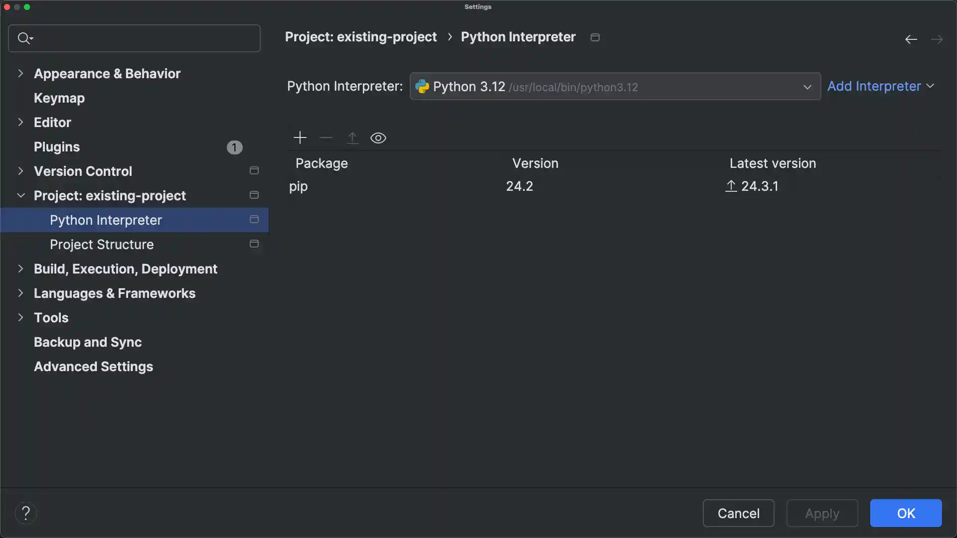 Project settings of a PyCharm project with the Python Interpreter setting selected in the side bar