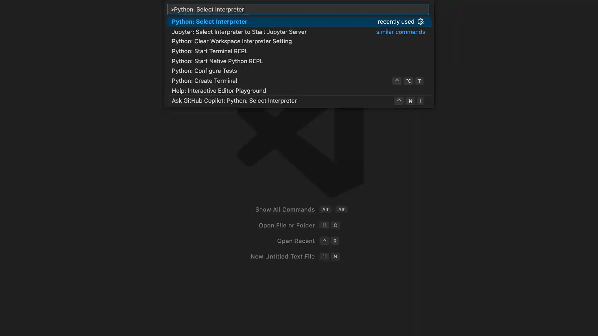 A view of the VS Code editor with an open command prompt showing the option to select the Python interpreter is highlighted