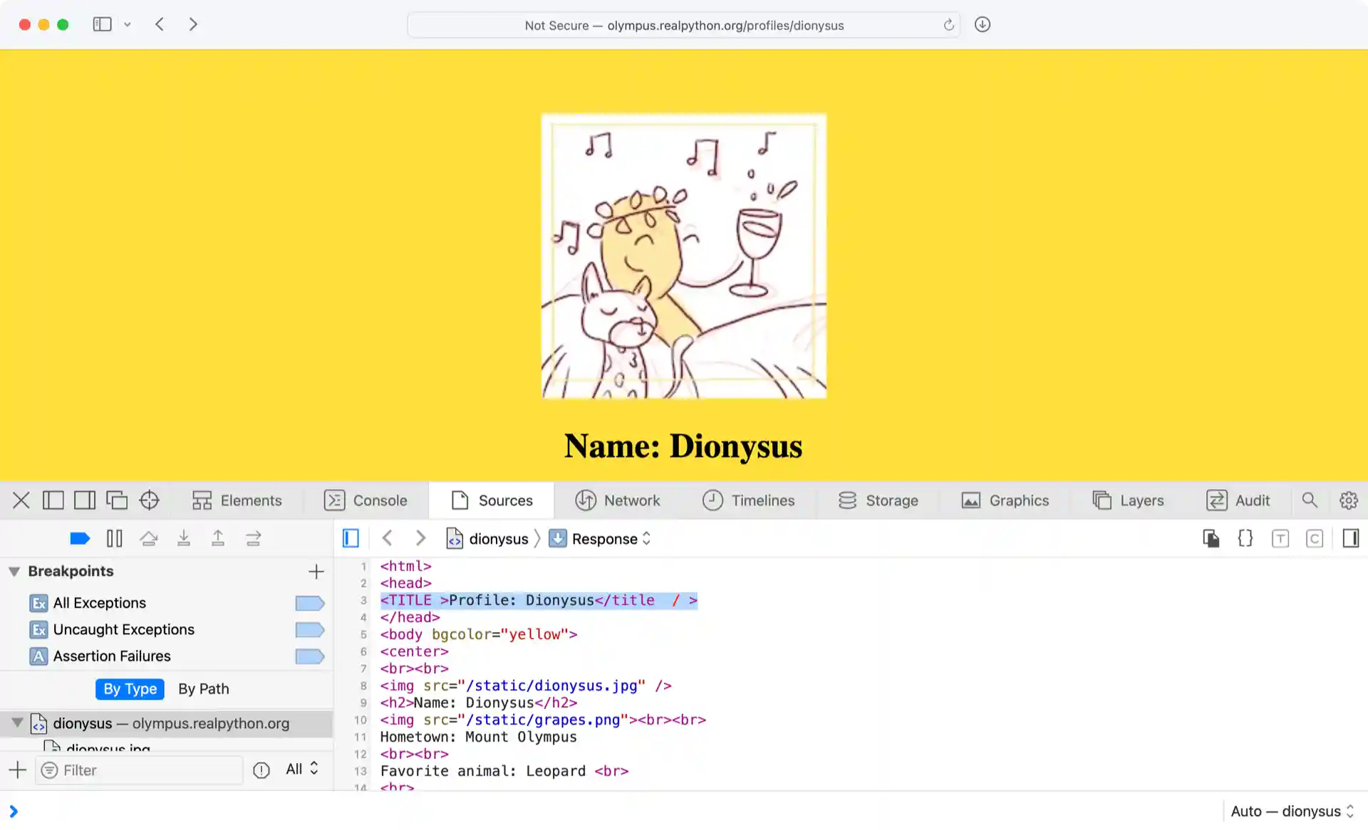 Screenshot of Dionysos Website with Source Code.