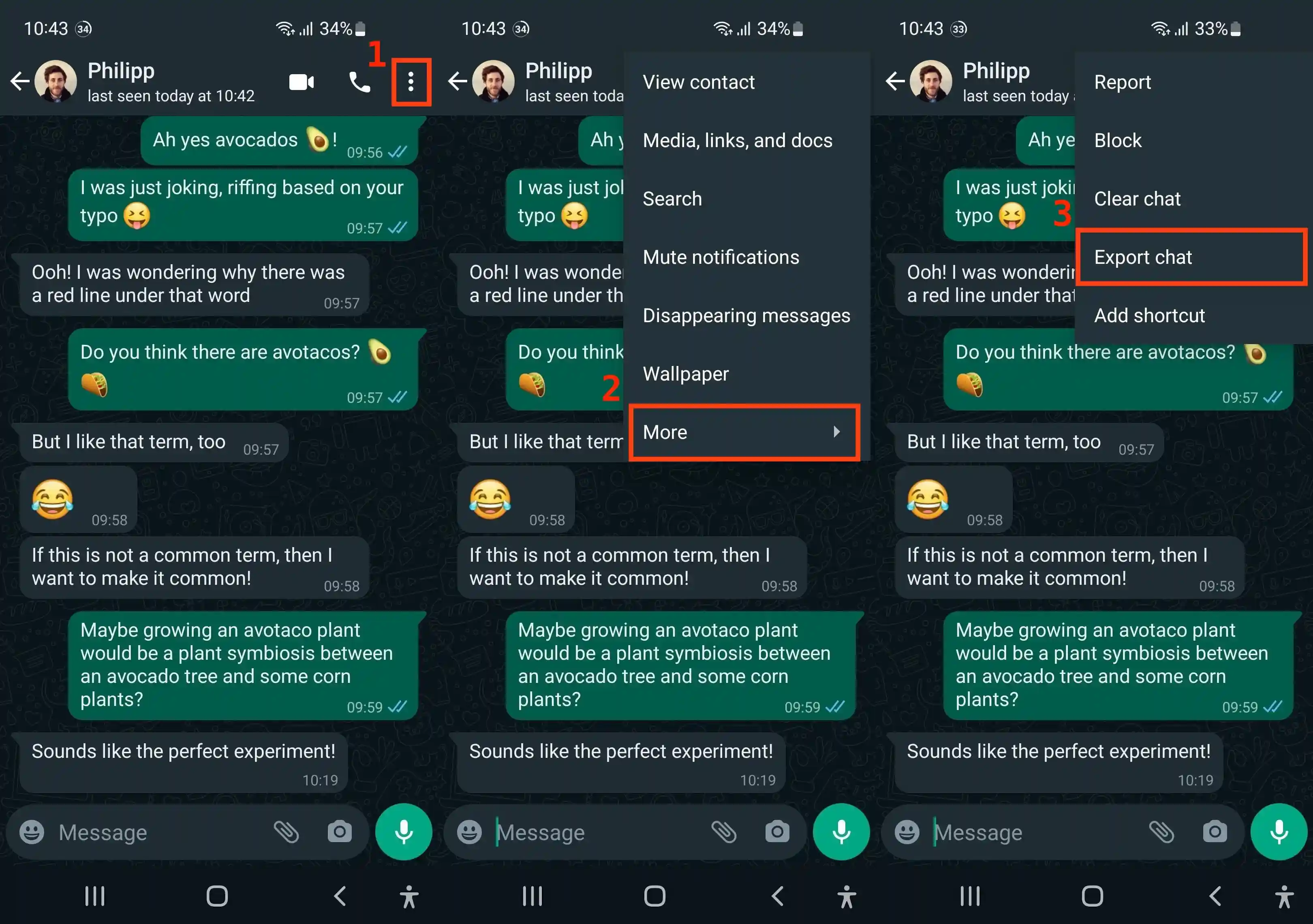 3 WhatsApp screens showing how to access the export menu