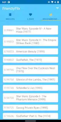 Screenshot of content recommendation app