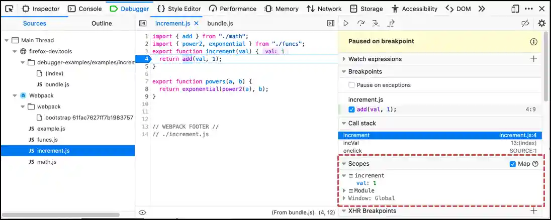 A screenshot of the Debugger, with the Scopes pane highlighted
