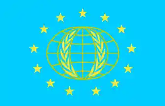 [light blue field with a golden outline-globe containing wreath and surrounded by an oval of 13 stars]