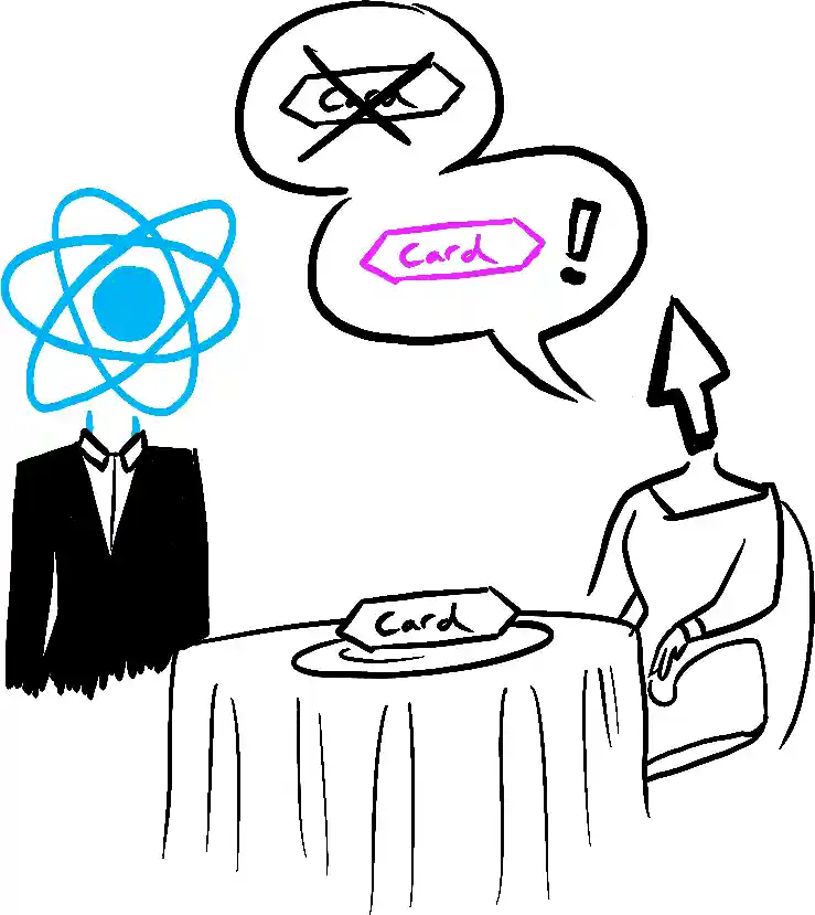 React est le serveur d’un restaurant, qui sert une UI Card à l'utilisateur, représenté par une convive avec un curseur en guise de tête. La cliente indique alors qu'elle veut une carte rose, pas une carte noire !