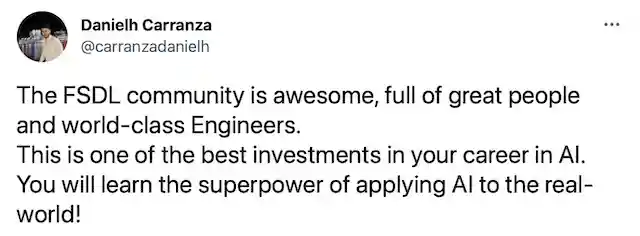 Tweet praising the FSDL course