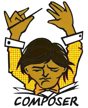 The Composer Official Logo: a male orchestra conductor with both arms in the air and his head tilted down, reading music sheets