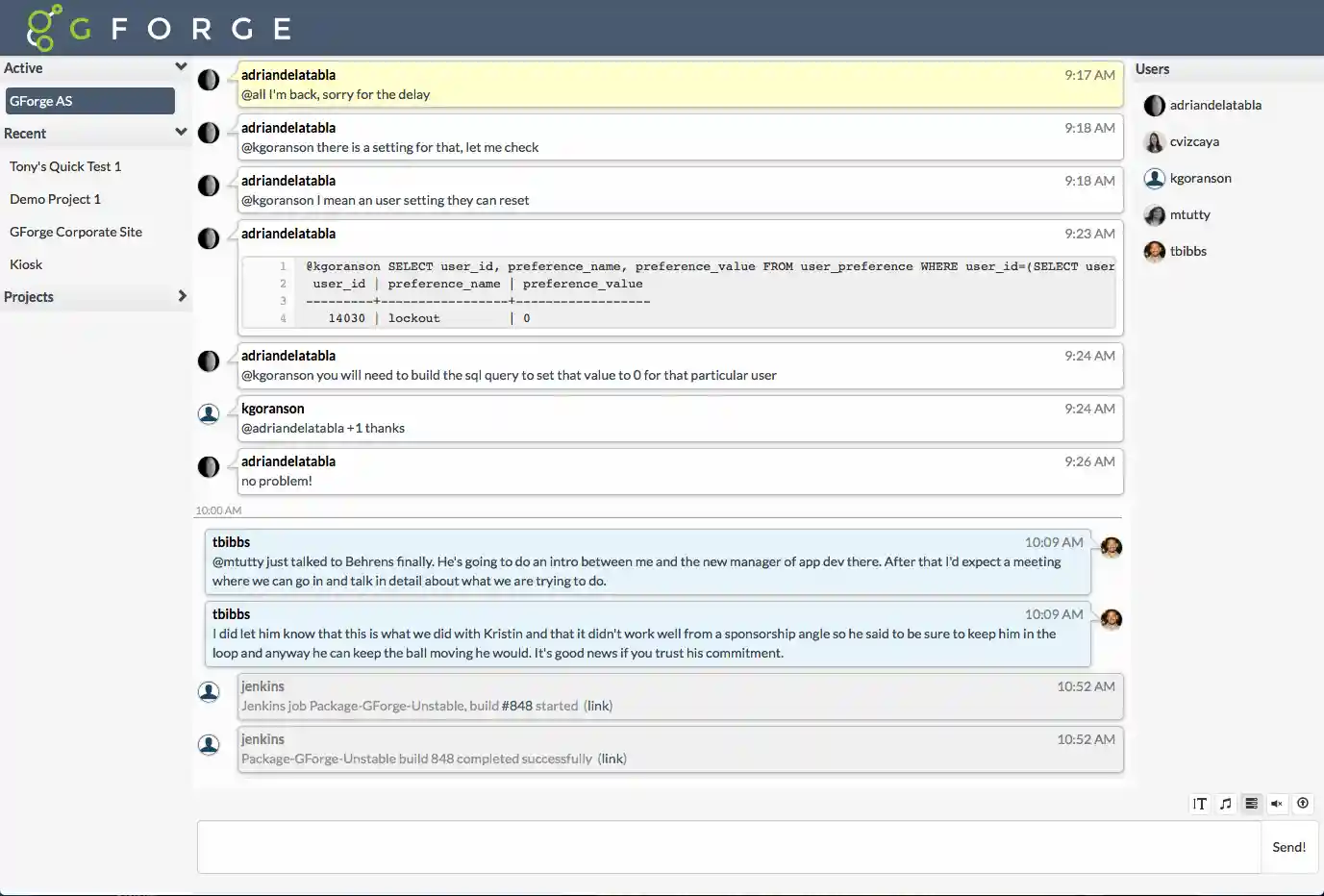 Real-time team collaboration chat and activity streams