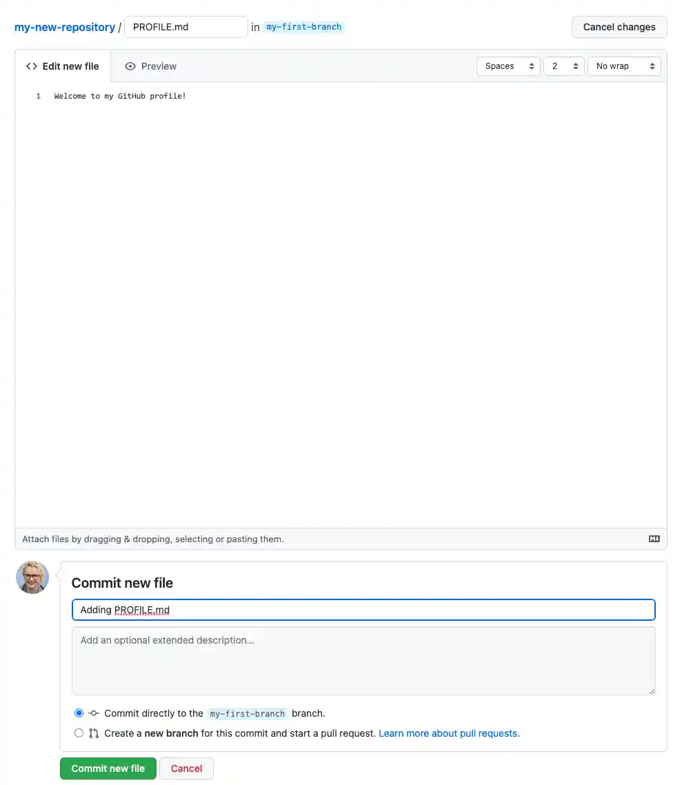 screenshot of adding a new file with a commit message
