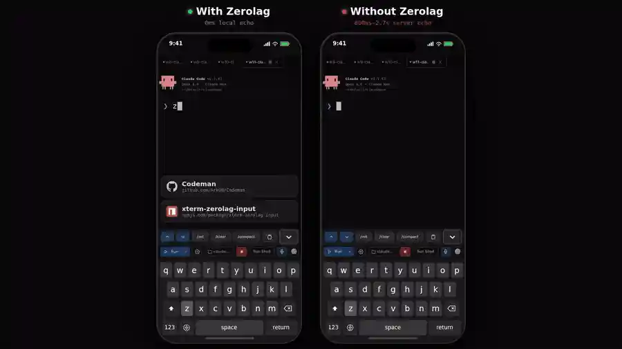 Zerolag Demo — local echo vs server echo side-by-side