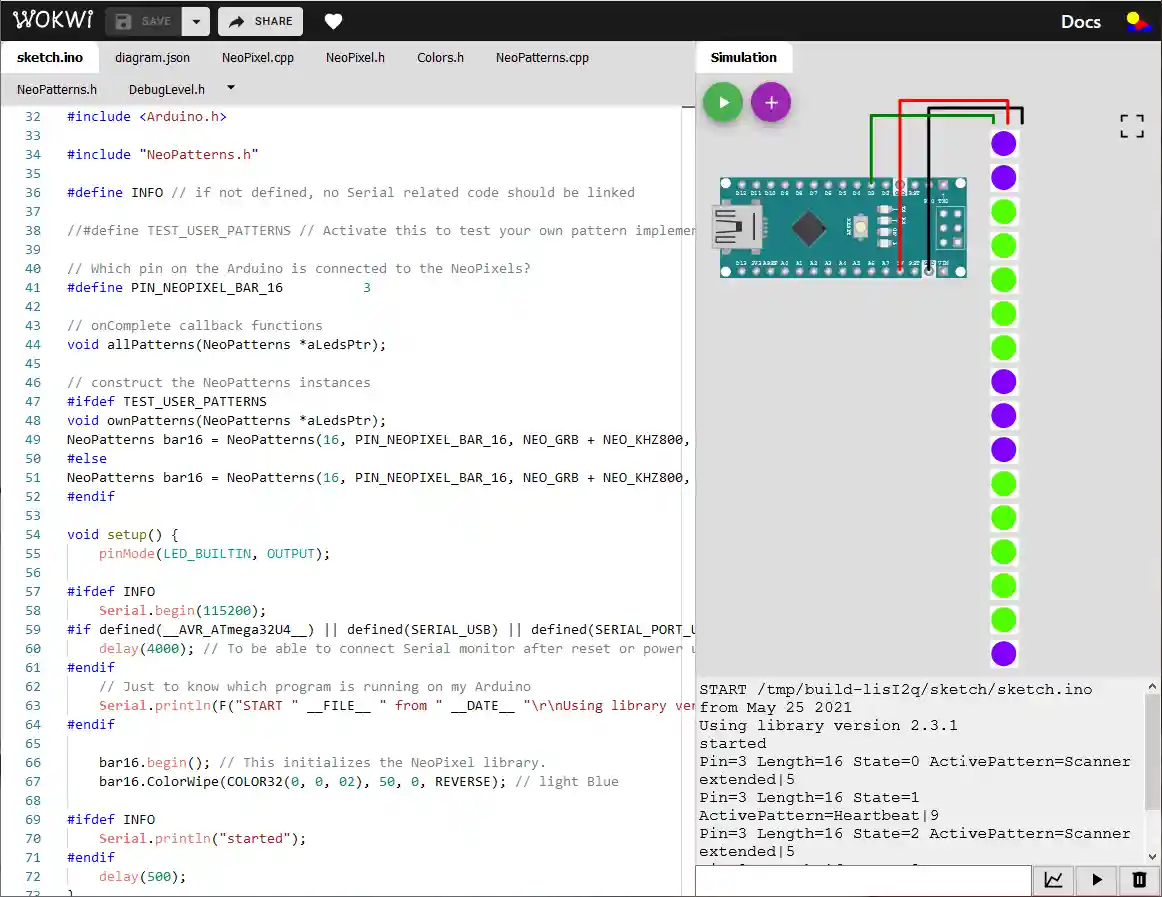 Screenshot of WOKWI online simulation of the AllPatternOnOneBar example