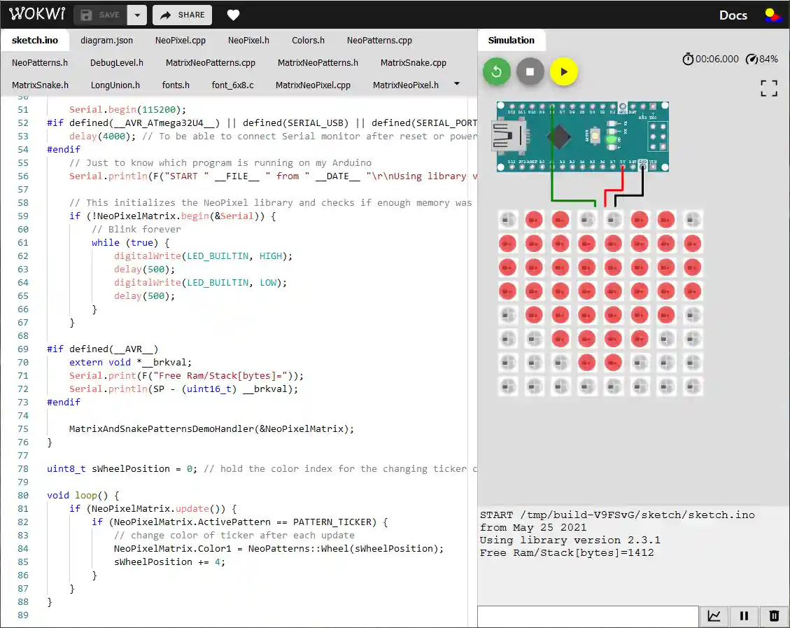 Screenshot of WOKWI online simulation of the MatrixDemo example