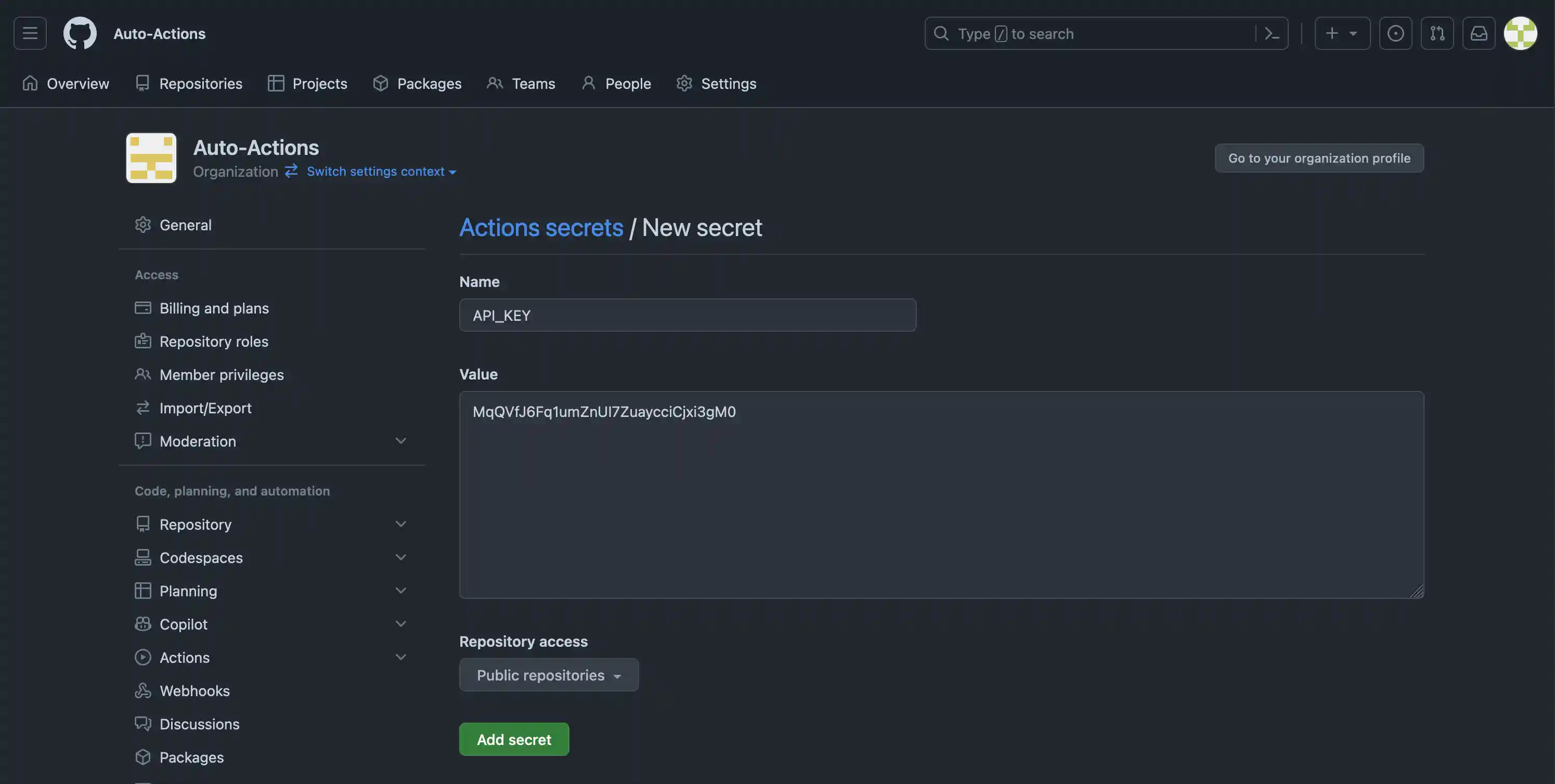 Assign secret variable