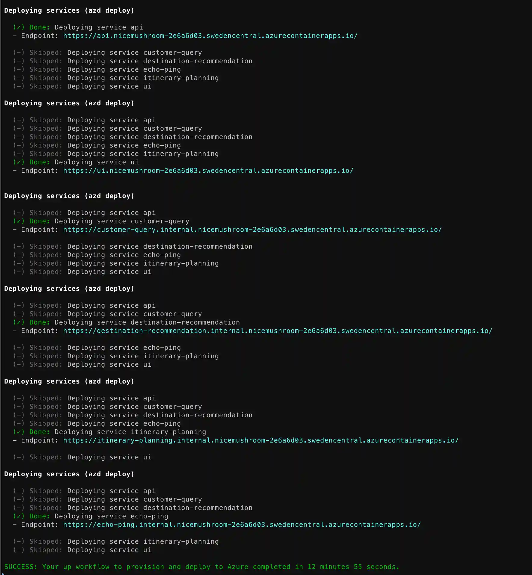 Screenshot of the azd up command result