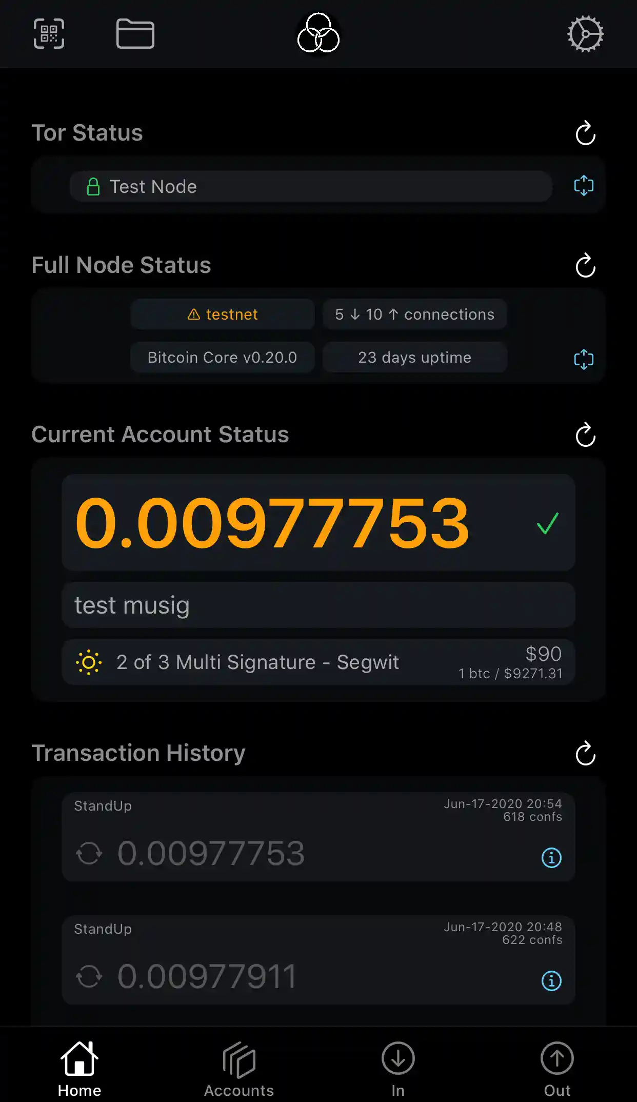 Gordian Wallet app Home Screen