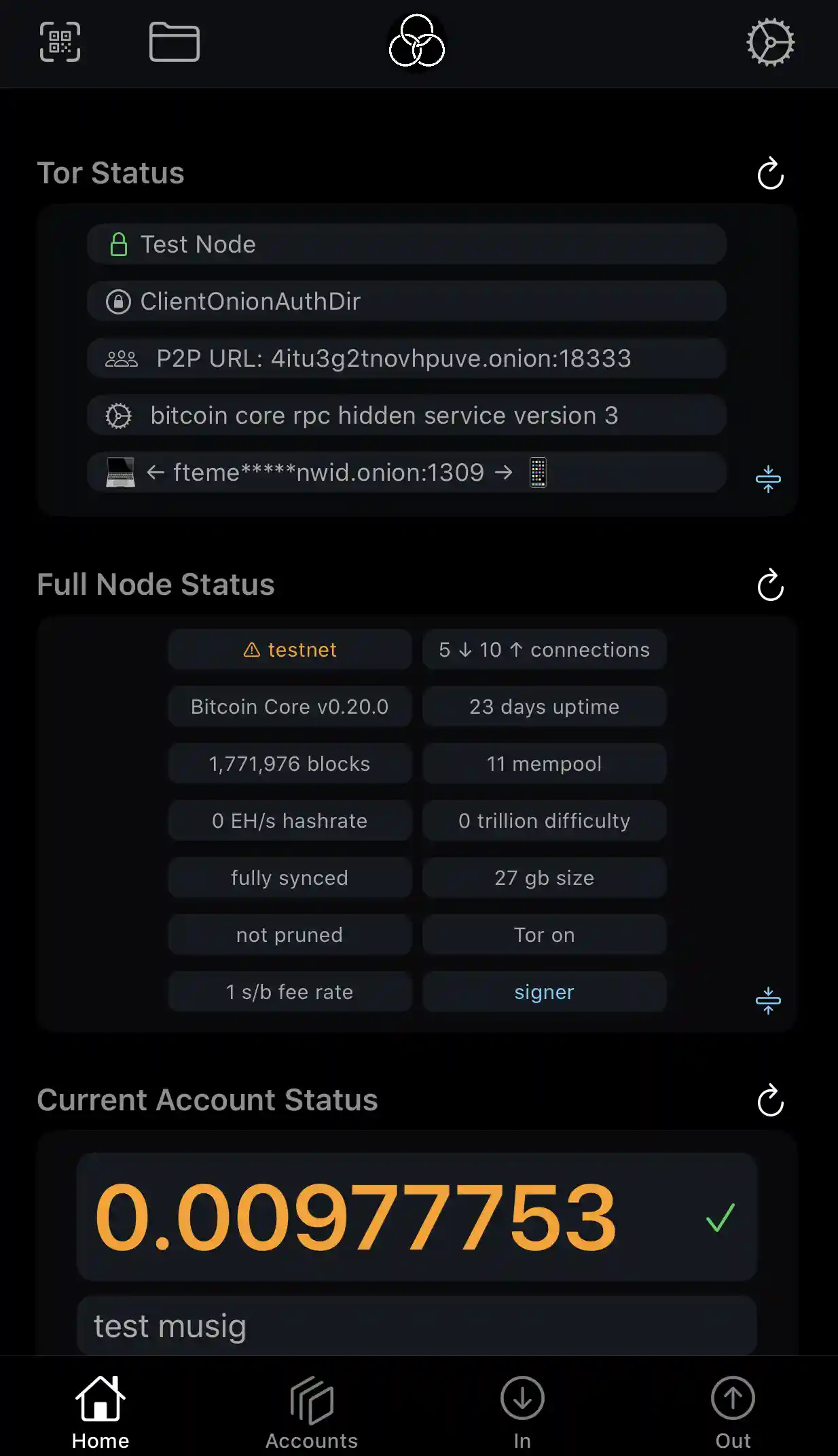 Gordian Wallet app Home Screen
