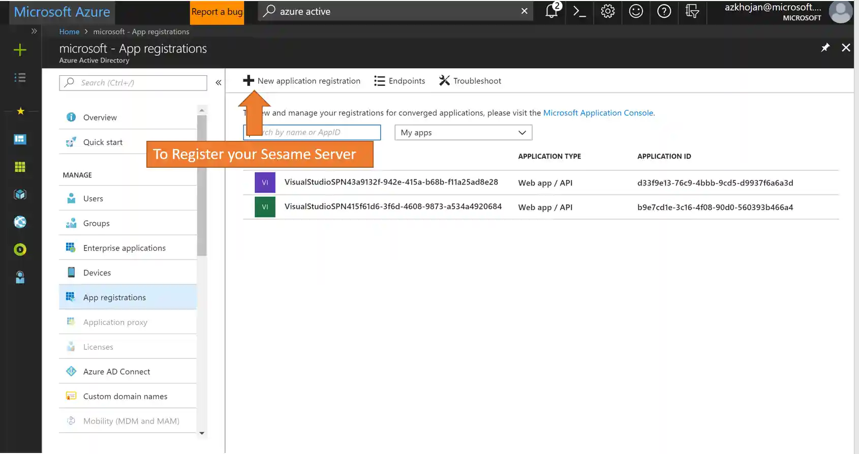 Screenshot of Azure Portal AD App Registrations