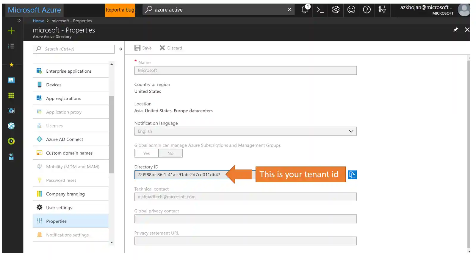 Screenshot of where the tenat Id is