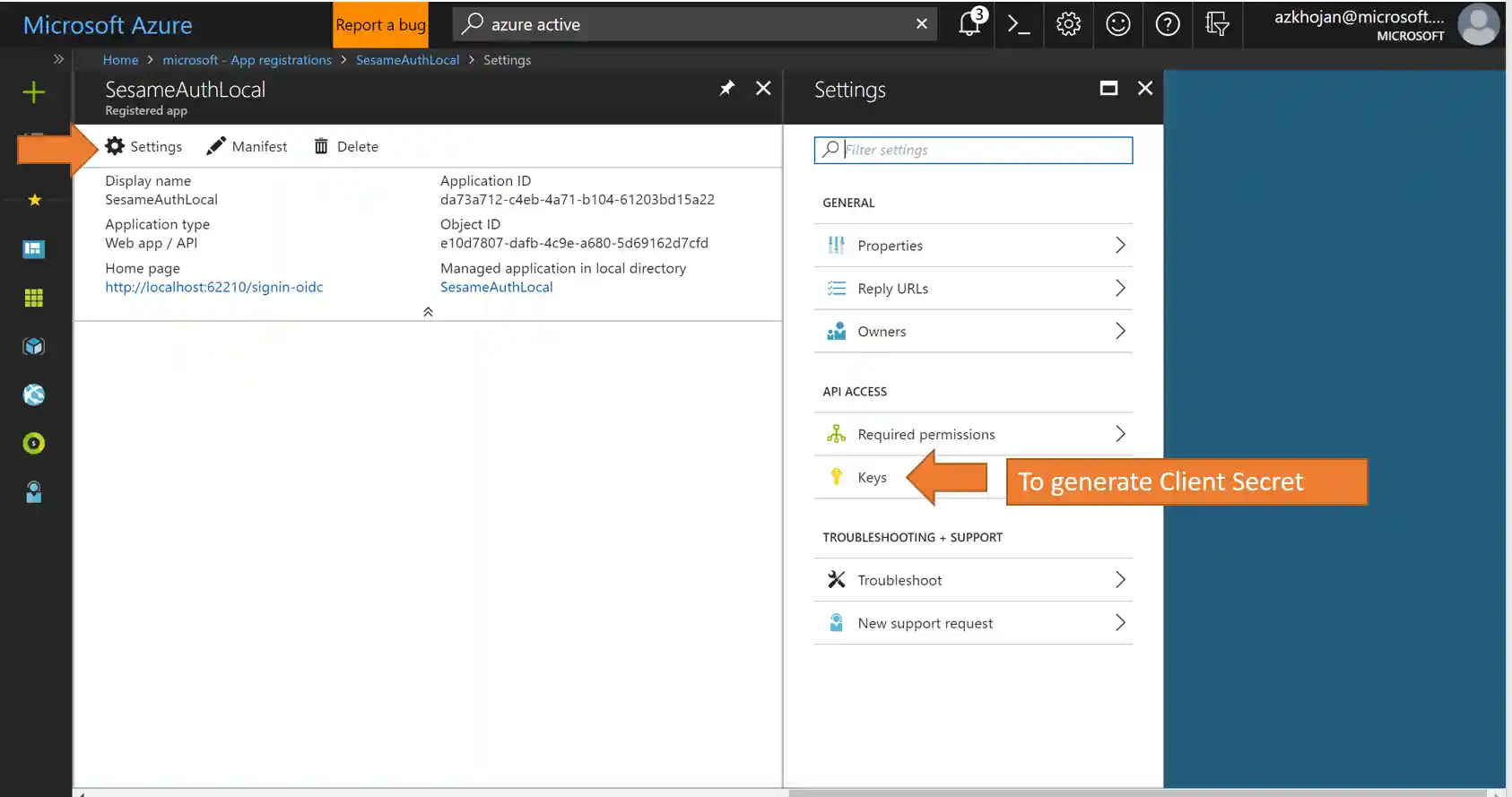 Screenshot of generating Client Secret step 1
