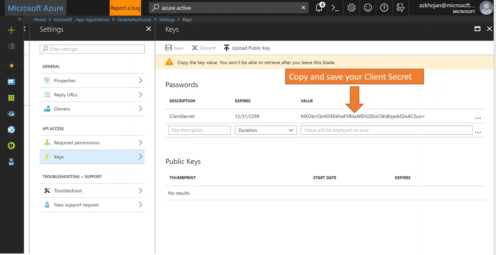 Screenshot of generating Client Secret step 3