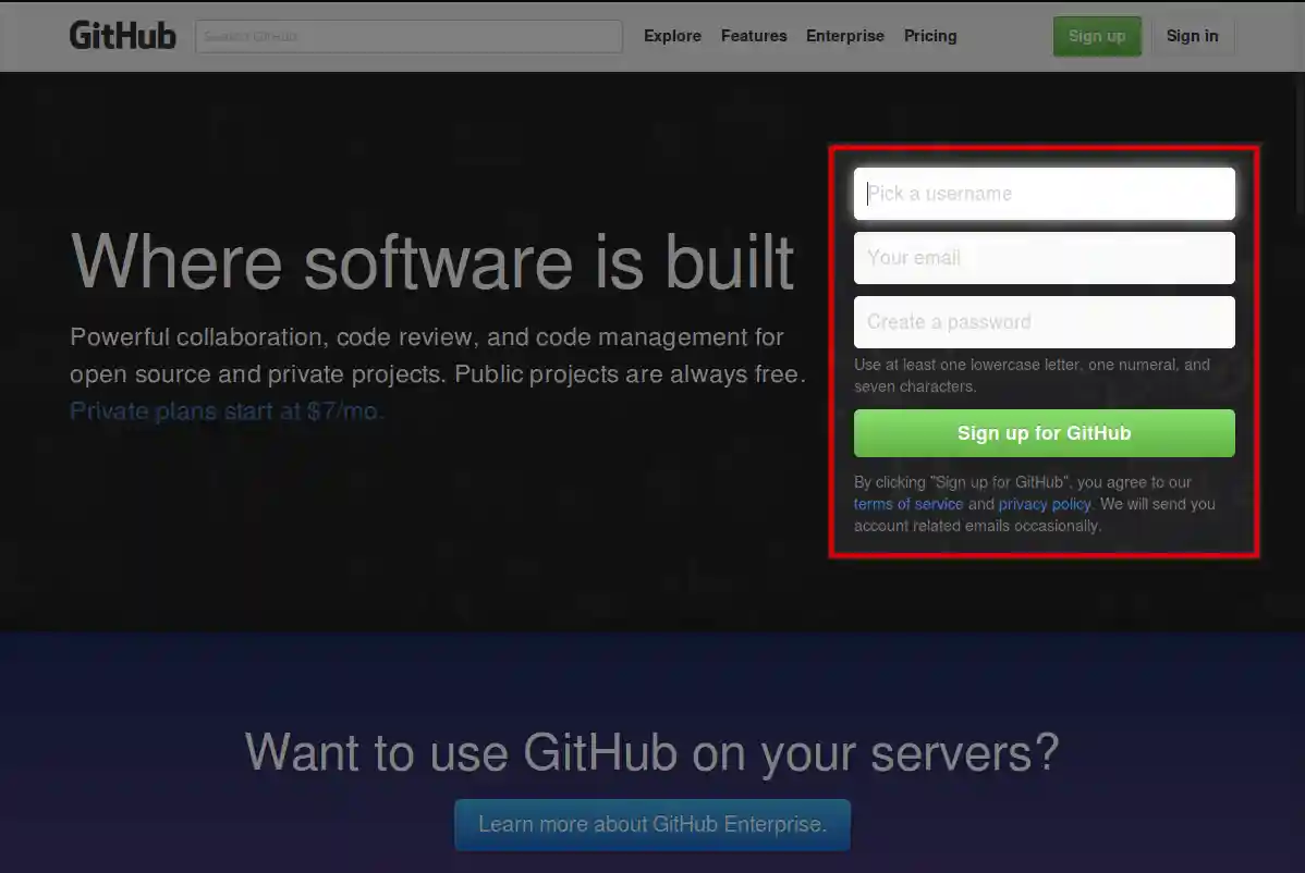 Página de inicio de GitHub