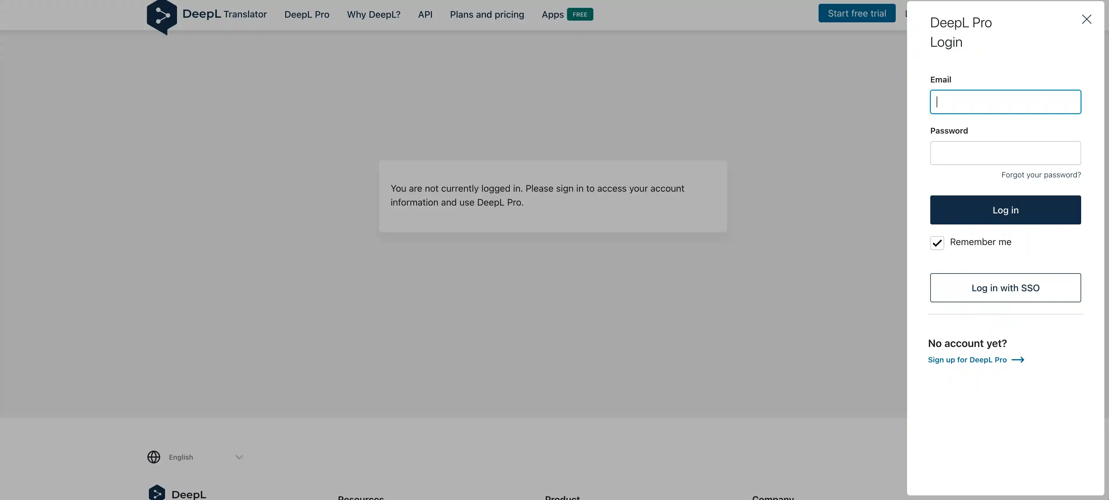 Login to DeepL API account