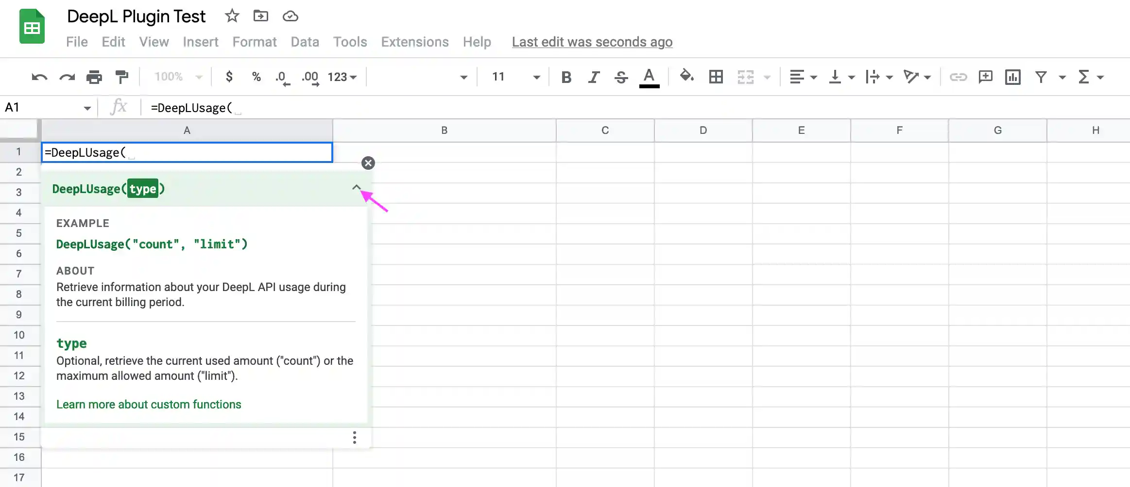 Popup documentation for DeepLUsage function