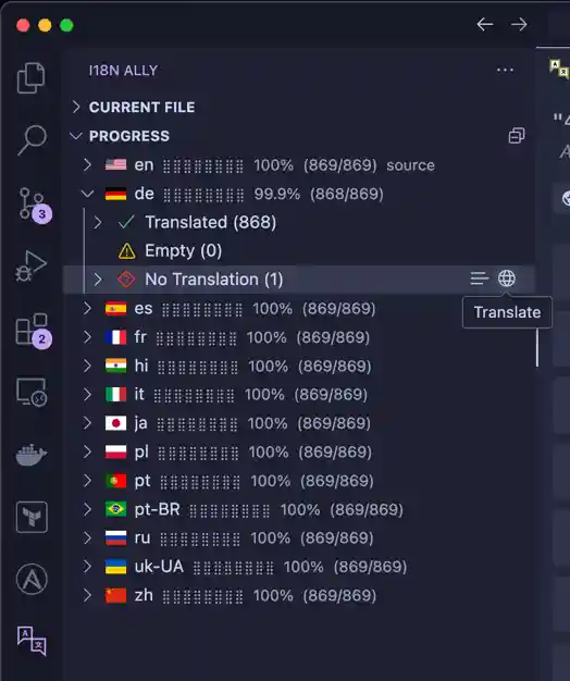 Machine translation in i18n Ally