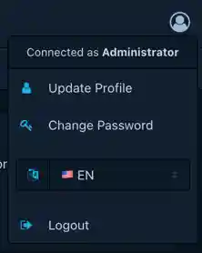 Profile dropdown menu with language picker