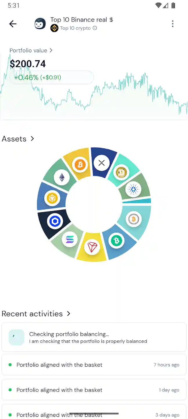 octobot mobile app bot view with portfolio content recent activities and historical profits
