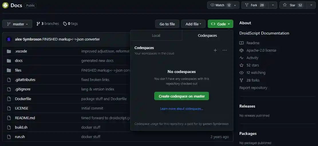 Open Codespace Dialog