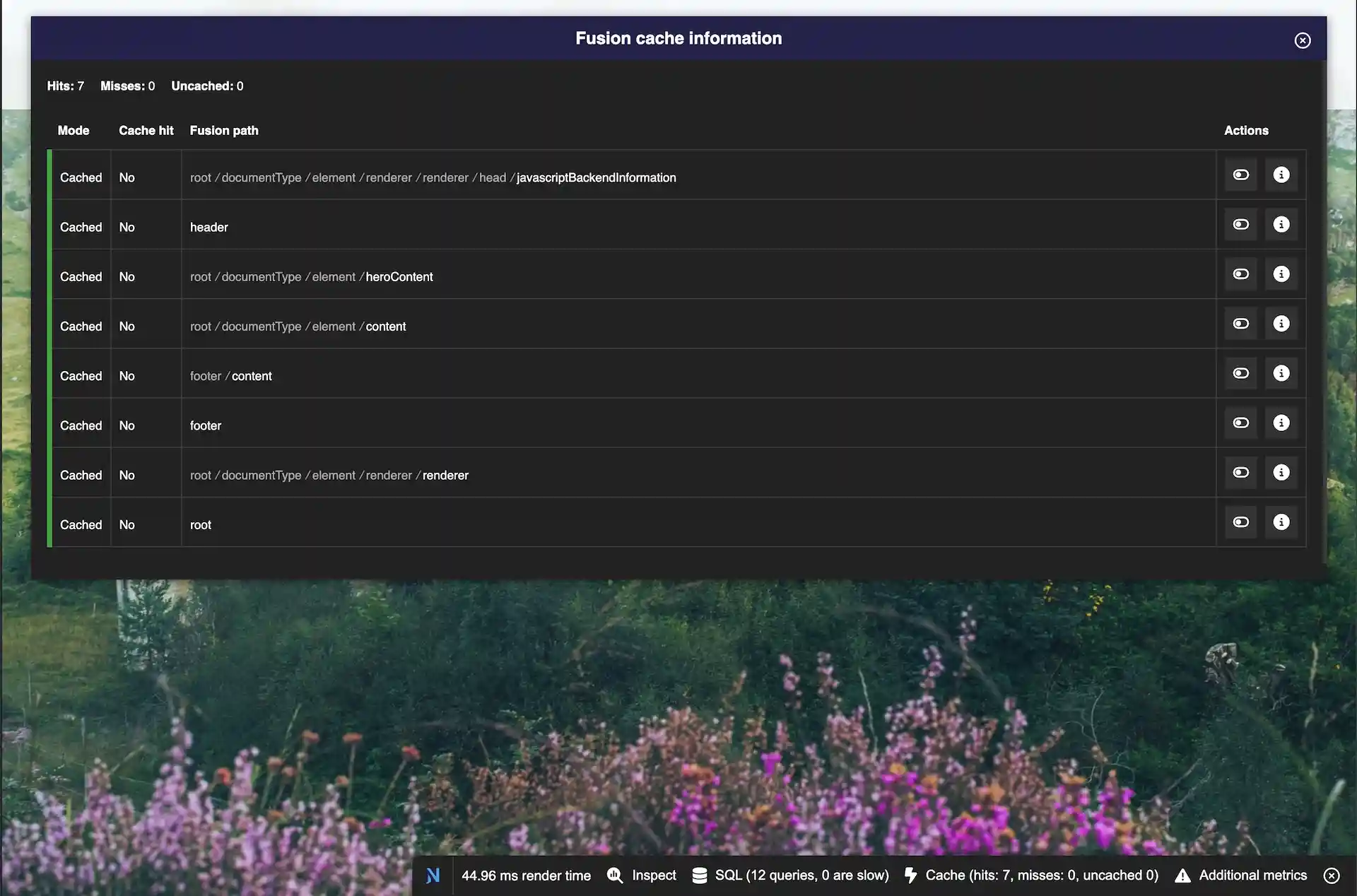 Neos CMS Demo Site with debug console showing cache visualization