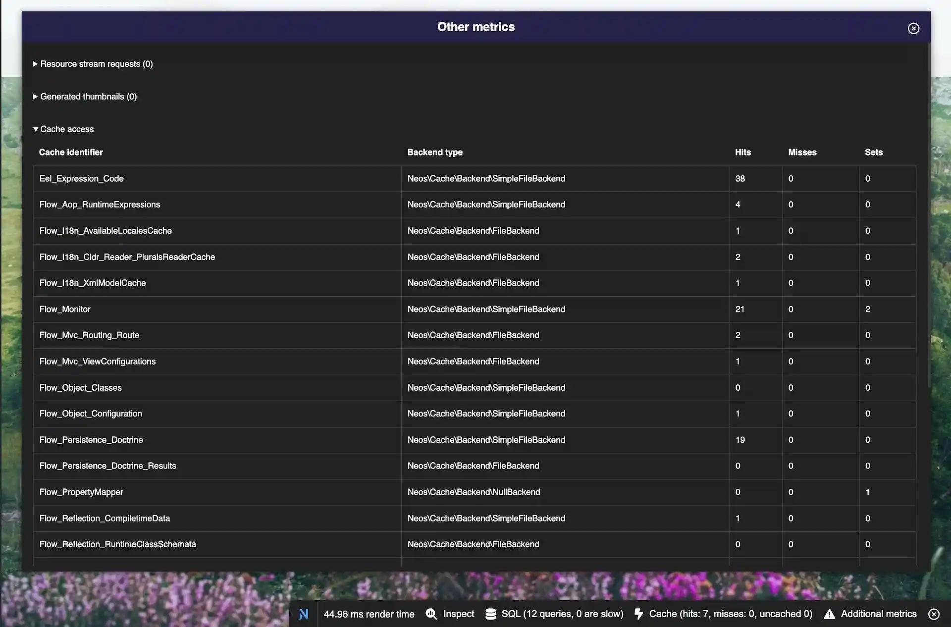 Neos CMS Demo Site with debug console showing other metrics