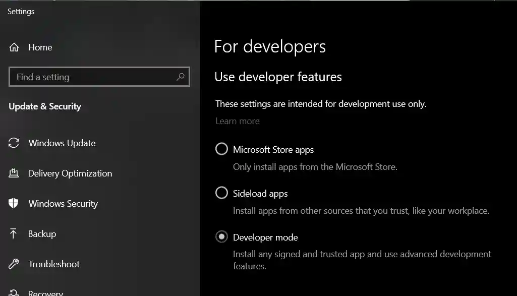 Enable Developer Mode in Windows Settings