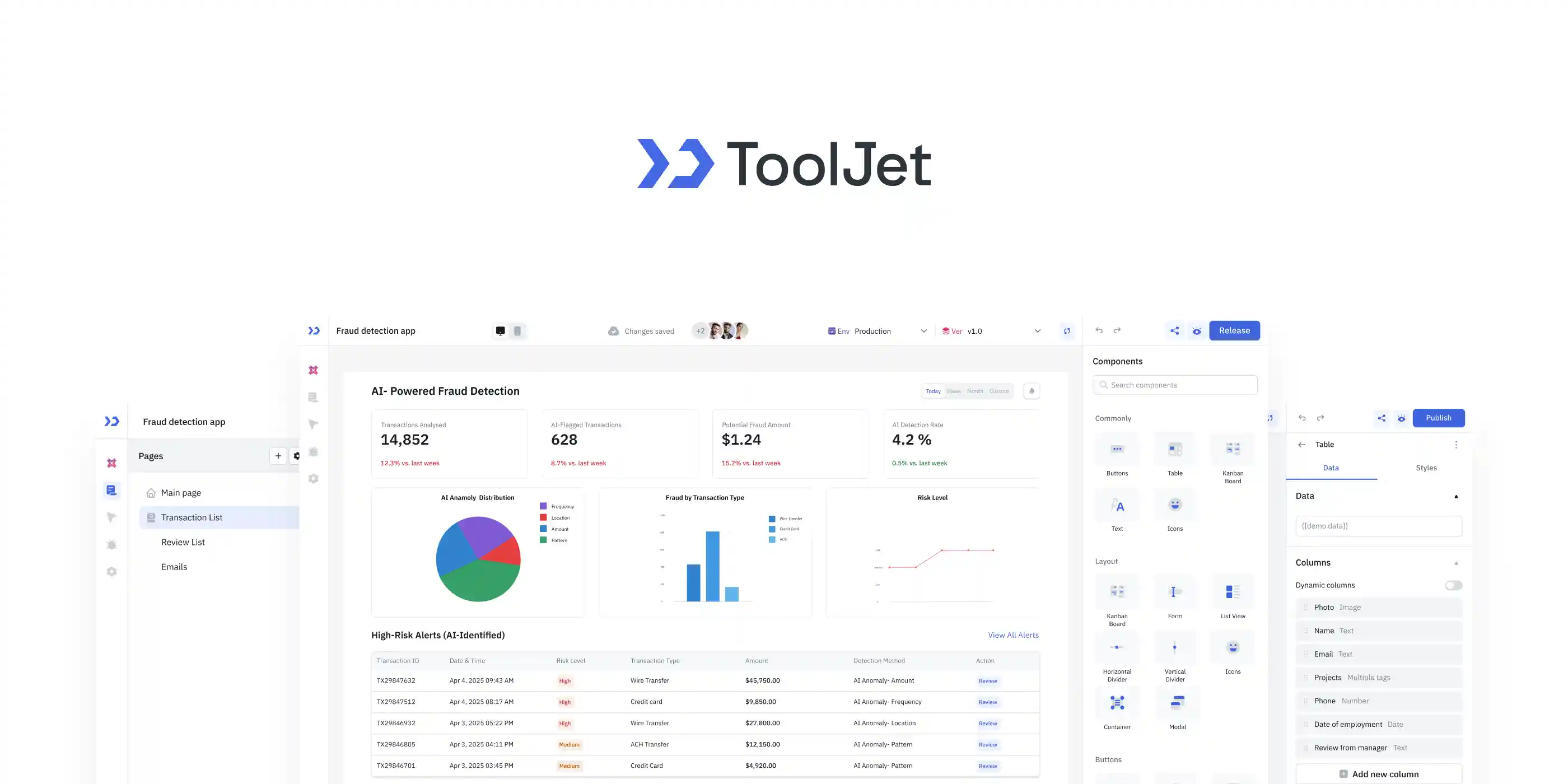Tooljet dashboard showing inventory and orders