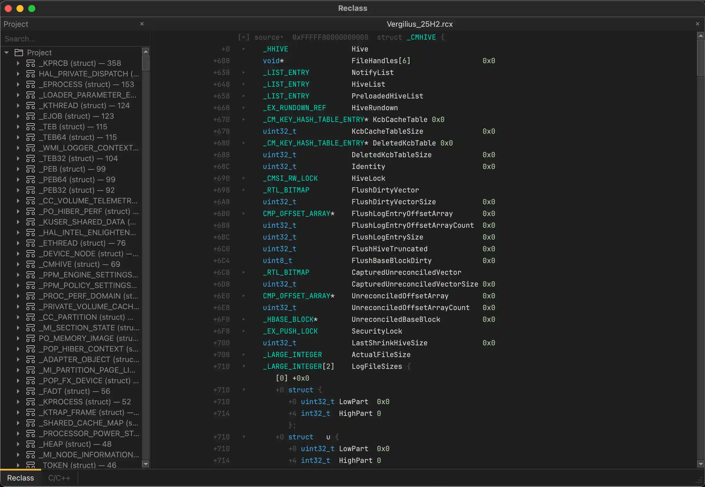 macOS — project tree with kernel struct inspection