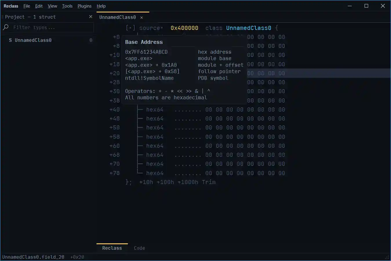 Base address tooltip with expression cheat sheet