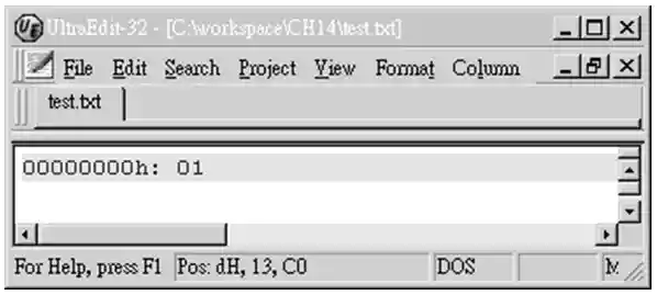 使用 UltraEdit 十六進位編輯模式觀看範例 14.12 的輸出檔案