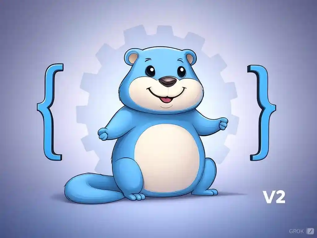 jsonutil logo: cute golang gopher in JSON brackets with gear in the background and text saying v2