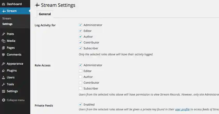 Control which user roles have their activity tracked and which user roles can access Stream.