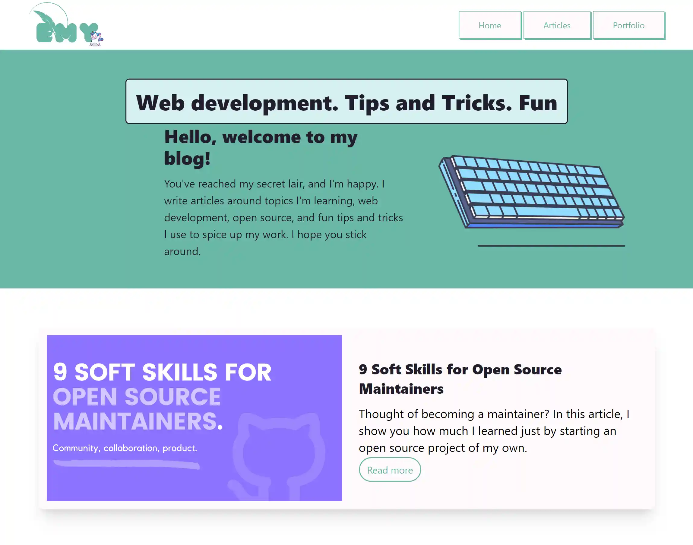 Image of upper half of blog with navbar, hero section with an image of a keyboard, and a FCC article